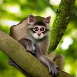 Monkey Cat on a branch, Photo portrait, 3/4 angle, jungle background, full body