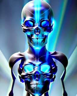 A glass headed skull with sapphire eys wearing a futuristic uniform, 8k resolution concept art portrait by Greg Rutkowski, Artgerm, WLOP, Alphonse Mucha Boris Vallejo dynamic lighting hyperdetailed intricately detailed Splash art trending on Artstation triadic colors Unreal Engine 5 volumetric lighting, by H.R. Giger