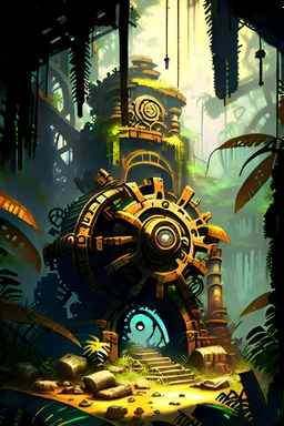 Jungle adventure ruins with huge steampunj gears painterly rpg art