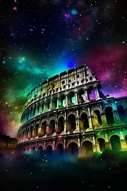 The Colosseum, in Italy at night in Abstract Fluid, Galaxy nebula