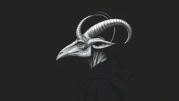 A black and white, close-up, profile shot of a creature's head and shoulders. The creature has a long, narrow snout, large, curved horns, and a textured, wrinkled neck. It is wearing a dark, hooded robe. A faint, circular halo-like shape is visible behind its head. The background is a dark, muted gray.