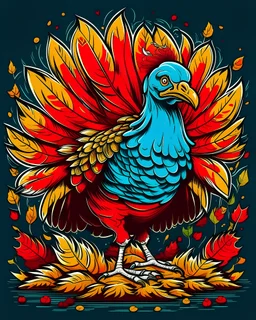 A playful and humorous t-shirt design featuring A Turkey kneels and looks from behind his legs The turkey should be drawn in a cartoonish style, with exaggerated features and vibrant colors, the background could be a simple pattern or design, such as fall leaves or plaid, to add to the Thanksgiving theme. This design would be popular with all ages and perfect for the holiday season.