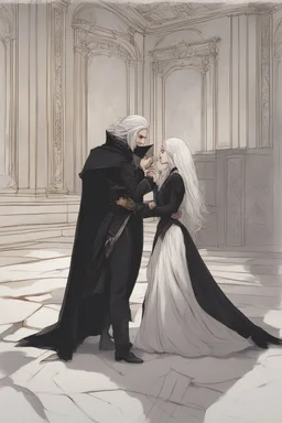 Toomb of the vampire Count Strahd Von Zarovich. Grand room, stone and marble, dark, black coffin made of polished ebony wood and brass. No windows. Strahd bracing his arm on the coffin, being kissed by a woman with long white hair.