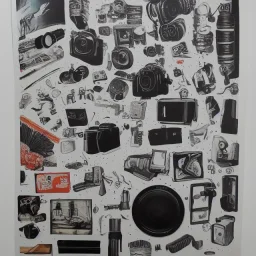 elements of photographic equipment. poster graphics. high detailed. acrylic painting and ink.