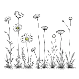 set of growing wind flower on the grace on ground, ONE lineS art, white background, minimalis, different view, only white bakcground solid.