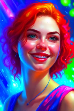 A happy beautiful woman, head and shoulders portrait, 8k resolution concept art portrait by Greg Rutkowski, Artgerm, WLOP, Alphonse Mucha dynamic lighting hyperdetailed intricately detailed Splash art trending on Artstation triadic colors Unreal Engine 5