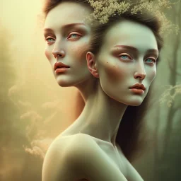 portrait photography of ethereal beauty, 8K, Portrait of a woman by Michelangelo, close-up face, anatomically perfect face, a sunny atmosphere, misty smoke, tree roots