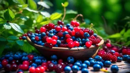 A summer picture with freshly picked forest berries (lingonberry, blueberry, raspberry)