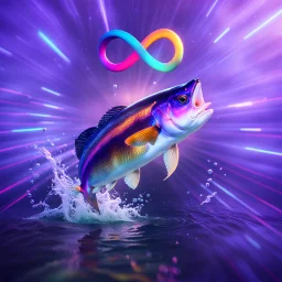 infinity symbol ∞ with vibrant powerful fish jumping out of the water, striking, neon, chiaroscuro, dramatic, captivating, powerful, fantasy, beautiful, octane render, 16k post-production, artstation: award-winning: atmospheric: commanding: fantastical: clarity: ultra quality: striking: brilliance: stunning colors: amazing depth; lens: f/11, 35mm