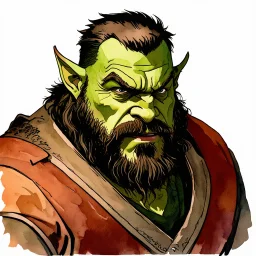 dnd, fantasy, watercolour, portrait, illustration, half orc, burly, portly, fierce, authoritative