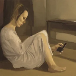 depressed woman typing at a smartphone laying on the floor of a dark bedroom by almeida junior