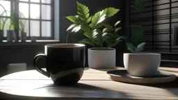 coffee cup and plant on table in the interior of a studio Generative AI