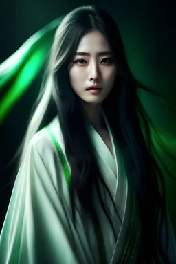 portrait of a beautiful korea lady, long straight black hair, delicate, tender, green eyes, pure, dressed in white windy robes, standing in a circus, realistic, sexy, cinematic lighting, highly detailed face, very high resolution