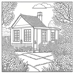 GARDEN HOUSE, ""Secluded Spaces: Discover hidden nooks and crannies within the Garden House, full view, realistic, coloring page, only draw lines, coloring book, clean line art, wildlife-inspired, kid style, –no sketch, color, –ar 3:4, white background, minimalistic black lines, 8k, minimal black color, low level black colors, coloring page, use pure black and white colors, avoid thick black colors, thin black line art, avoid colors, perfect shape, perfect clear lines, clear edges,