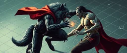 werewolf vs vampire cyberpunk action scene, acrobatic dodge, cape, all seen drown on isometric grid, wolf giving him the biggest stomach punch