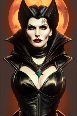 painting of morrigan hel as evil queen in black leather gown, feminie, angry, stern look on her face, emperious, highly detailed, digital painting, artstation, concept art, smooth, sharp focus, illustration, art by gaston bussiere and alphonse mucha