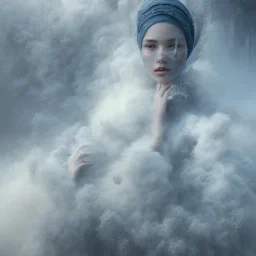 clouds of fog as woman's face, dissolving, disintegrating, wearing blue hijab, fine detail, highly intricate, wearing blue hijab, modern surrealism painting, high-quality, volumetric lighting, 8k, ultrahd, George Grie, Marco Escobedo, Igor Morski,Brian Froud, Howard Lyon, Selina French