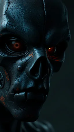 a Black phanter eyes in the dark by his face skin is a rusted broken metallic skin texture in a 3d rendering full-height image of a grim and dark scene. Ensure the final images exhibit the utmost quality, encompassing 4K, 8K, and 64K resolutions, with 3D rendering that manifests in photorealistic, hyperrealistic, and highly detailed representations. Employ techniques such as HDR, UHD,