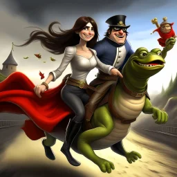 l /imagine photo-realistic Pepe riding a galloping stallion, holding an overflowing bag of bitcoins, being chased by a female hamburglar