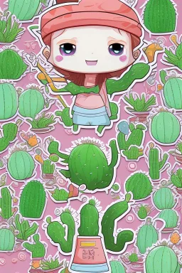 cute cartoon anime cactus sticker, anime style, white background color