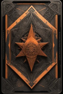 sacred geometry framed playing card, black and orange hellraiser star conquistador with shadows boss card in the style of Giger and fallout 4 ,,bokeh like f/0.8, tilt-shift lens 8k, high detail, smooth render, down-light, unreal engine