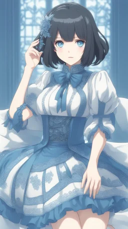 Yong Elizabeth with short black hair and blue eyes and blue and white dress in 8k 2D anime artstyle, full body, intricate details, highly detailed, high details, detailed portrait, masterpiece,ultra detailed, ultra quality