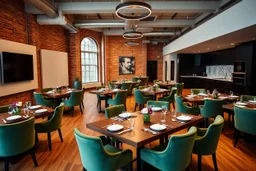 4k Image depicts a modern, spacious dining area with a contemporary style. The layout features several rectangular tables arranged in rows, each set with green velvet chairs. The tables are elegantly set with plates, cutlery, and small floral centerpieces. The room has a warm ambiance, highlighted by wooden flooring and exposed brick walls. On one side, a large flat-screen television is mounted on a white wall panel. The opposite side showcases a sleek, black kitchen area with built-in appliance