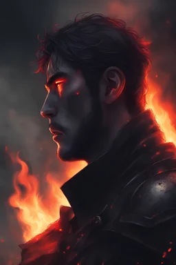 a side profile of a dark hero with red eyes staring into a fire that once was something that mattered to him, hes distraught