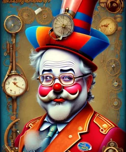 happy old friendly fat clown with trimmed beard playing jazz with a steampunk theme, circus, realistic