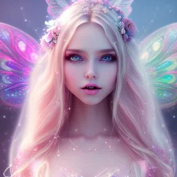 beautiful, soft, big smile face, whole head, long straight blonde hair blues eyes, crown on the head, clothing in transparent bluish and pink veil,fairy wings on the back, background brillante bluish and pink, hight definition, 8K