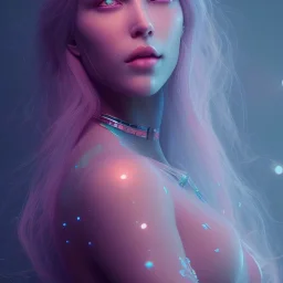 A portrait of a crystalised queen, atmospheric, realistic, unreal engine, cinematic lighting, octane render, transoarent, pink turquoise light