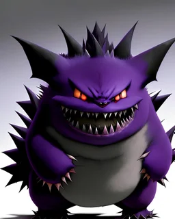 super realistic, Gengar is a dark purple, bipedal Pokémon with a roundish body. It has red eyes, a wide mouth that is usually curled into a sinister grin, and pointed ears. On its back are numerous spikes and it has smaller spikes on top of its head similar to tufty fur. Its arms and legs are short with three digits on both its hands and feet. It also has a stubby tail.