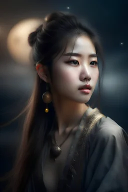 Photograph Best quality, masterpiece, ultra high resolution, beautiful 1 girl's portrait close-up, flowing hair, real skin, jewellery, solo, Chinese clothing, armour, moon, blurry, realistic, Chinese Zen