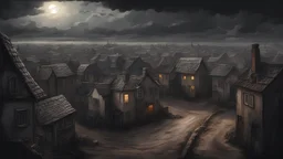 (Masterpiece) View from window, little village in end of afternoon, dark horror art style, extreme quality, draw, second floor, looking to the village, not much houses, variety of houses styles, Dirt road in middle of city