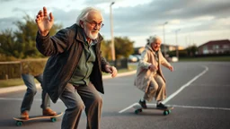 Elderly pensioners on skateboards. Photographic quality and detail, award-winning image, beautiful composition.