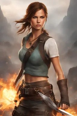 Realistic photo of young Lara Croft Tomb Raider character with brownish hair and is holding a flaming sword with a battlefield in the background
