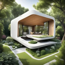 organic square-shaped house embedded into the beautiful garden , architectural photography, style of architecture, modernist architecture, sunlight, photo real