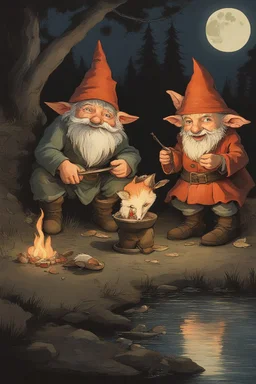 a gnome and a goblin eating in front of a fish fire with figure with fox mask behind, riverbank, night, moonlight,