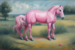 Big pink plastic horse.19th painting