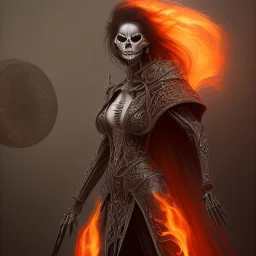 A skeletal woman with fiery eyes, a black and leather dress, a long black cloak, a big skeletal and fiery horse, full HD, 4K, 8K, magical, fantasy, 3D,detailed and complete painting