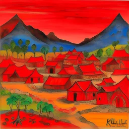 A red fiery Chinese village near a volcanic palace designed in Kuna Molas painted by Paul Klee