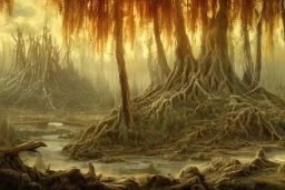 gaea, insane treepunk, volumetric pastel orange and red glowing forest environment and background, epic color pencil painting of abstract art plant camps, 16k, intricate flora, ancient willow tree, twisted wood, lush, ancient roots, organic, mushrooms, stacks of wood, ancient vines, leaves, ambient occlusion, rocks, uhd, realistic shaded volumetric lighting, ancient wood, sunlight caustics, volumetric clouds, pigmented colors, redshift engine render, concept art and visualization by sam curry