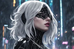 Venom in 8k nier automata drawing style, spider-gwen them, cinematic mood, neon effect, close picture, rain, highly detailed, high details, detailed portrait, masterpiece,ultra detailed, ultra quality