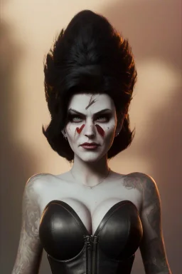 Amy Dumas as evil queen in black leather, leather, busty, cleavage, angry, rage, stern look. character design by cory loftis, fenghua zhong, ryohei hase, ismail inceoglu and ruan jia. unreal engine 5, artistic lighting, highly detailed, photorealistic, fantasy