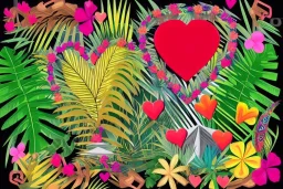 love, high contrast, Tropical flowers,heart drawing, crystals, tropical leaves, sacred altar, Fantasy temple,