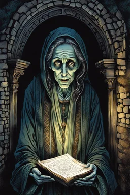 create a fine art print illustration of the spectral shade of an aged, emaciated 13th century Jewish female fortuneteller, clothed in an ornate but ragged bliaud with highly detailed feminine facial features, in the catacombs of the old city of Krakow, shrouded in a fetid mist at midnight , in the comic book art style of Bill Sienkiewicz, and Jean Giraud Moebius, finely textured, drawn, colored, and inked