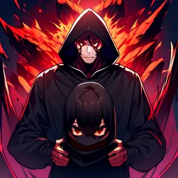 black hooded man silhouette, crazy red eyes