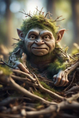 postcard drawing, twig troll hiding in a pile of twigs and branches ,bokeh like f/0.8, tilt-shift lens 8k, high detail, smooth render, down-light, unreal engine, prize winning