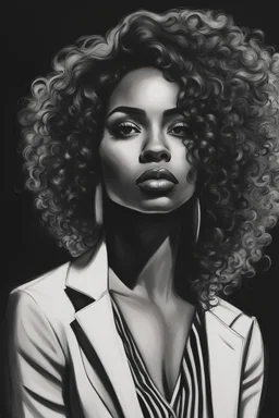 Black and white charcoal drawing of a beautiful black woman with a striking, edgy curly look. She has a short, modern curly hairstyle with textured layers. Her makeup is bold and dramatic, with thick eyelashes that enhance her expressive eyes and is wearing a business suit