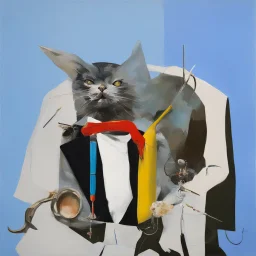 Abstract painting formed by a mix of a cat and human flesh-like surgical instruments and universe-like a pigeon and neuralink, surrealism,minimalism,Painting By Adrian Ghenie, Rene Magritte, Salvador Dali, Lucian Freud